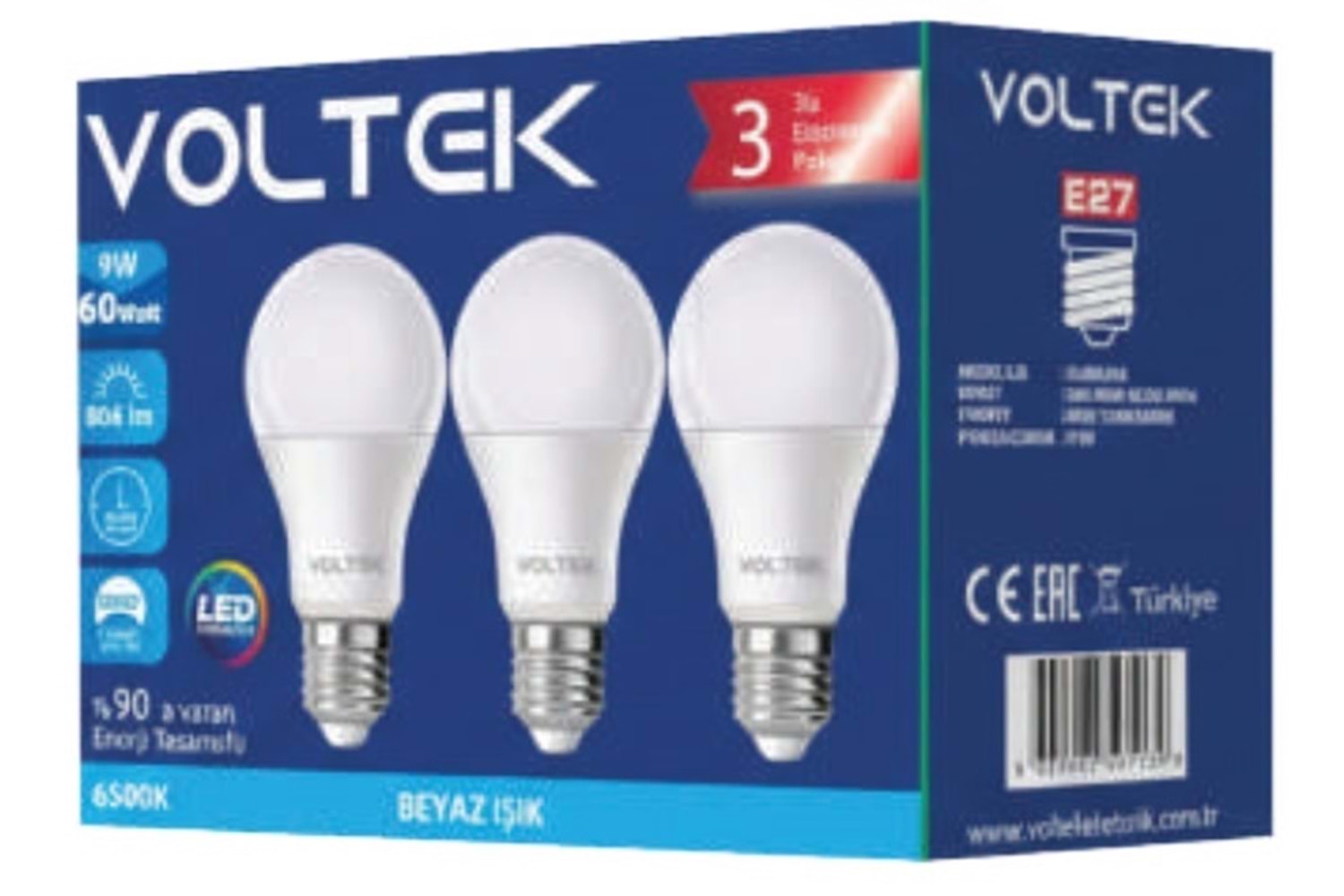 9W - Led Ampul E27 6500K (3 lü Paket)